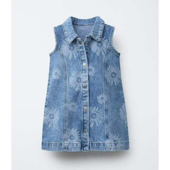 Zara Girls 6 Daisies Print Denim Sleeveless Dress - Picture 1 of 6